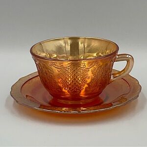 Federal Glass Normandie “Lattice & Bouquet” Marigold Carnival Glass Cup & Saucer